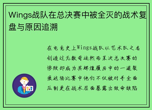 Wings战队在总决赛中被全灭的战术复盘与原因追溯