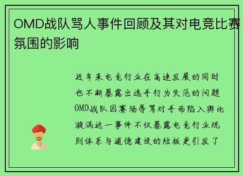 OMD战队骂人事件回顾及其对电竞比赛氛围的影响